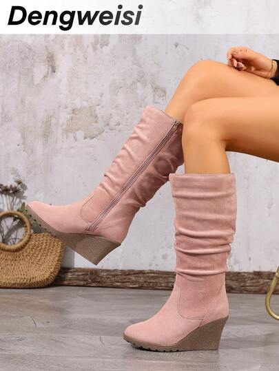Soft Fabric Pleated Side Zipper Mid-Calf Round Toe Chunky Heel Chelsea Boots, Versatile Elegant Commute Daily Fashion Ankle Boots For Women