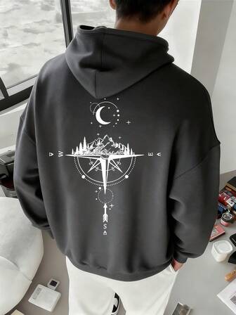 青少年男童字母罗盘图案休闲深灰色连帽卫衣。适合春秋季穿着。适合学生日常穿着、参加聚会、上学、参加音乐节、度假、通勤等场合。