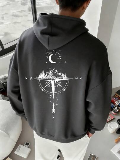 青少年男童字母罗盘图案休闲深灰色连帽卫衣。适合春秋季穿着。适合学生日常穿着、参加聚会、上学、参加音乐节、度假、通勤等场合。