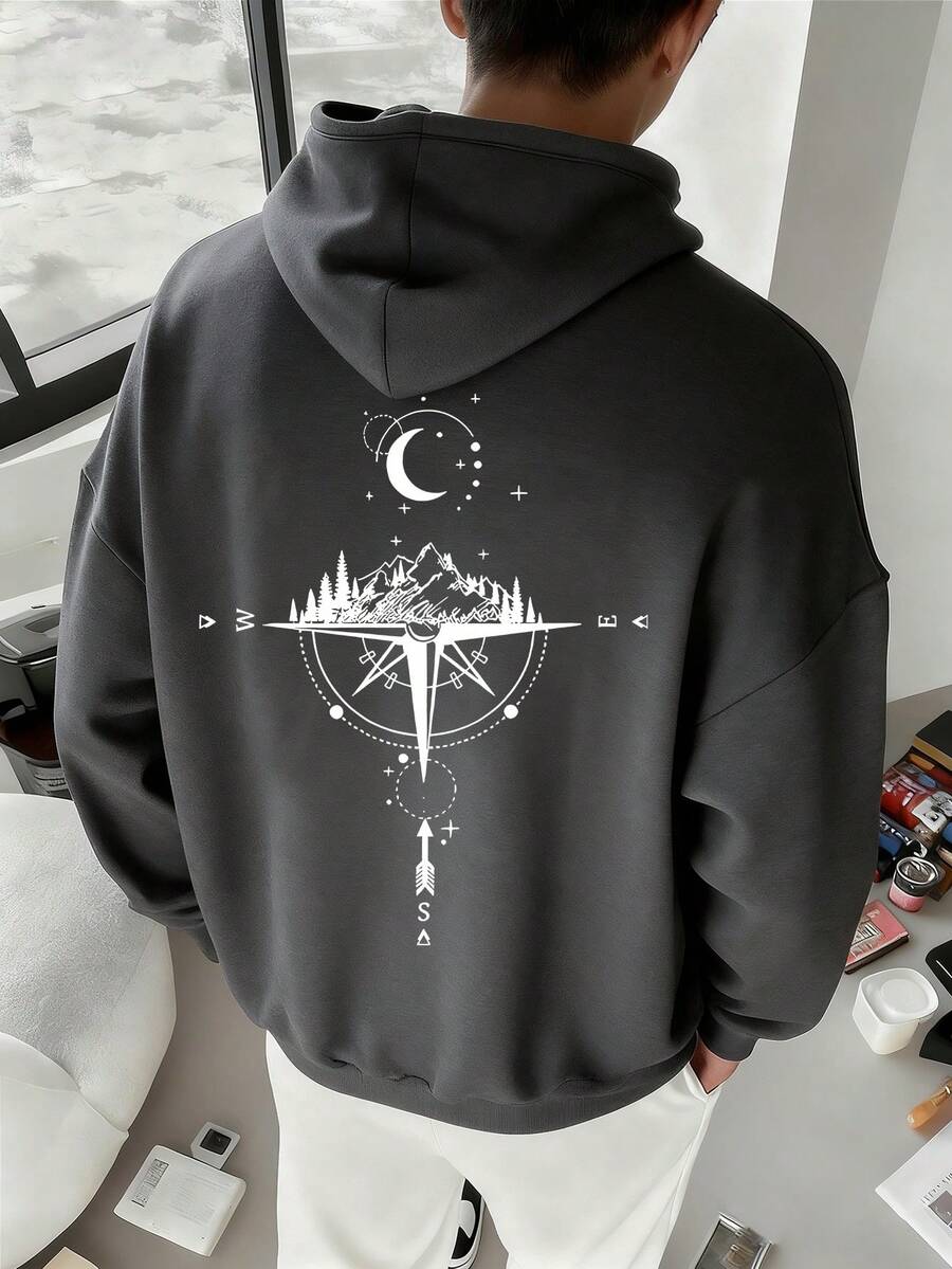 青少年男童字母罗盘图案休闲深灰色连帽卫衣。适合春秋季穿着。适合学生日常穿着、参加聚会、上学、参加音乐节、度假、通勤等场合。 - 深灰色 - 查看 1