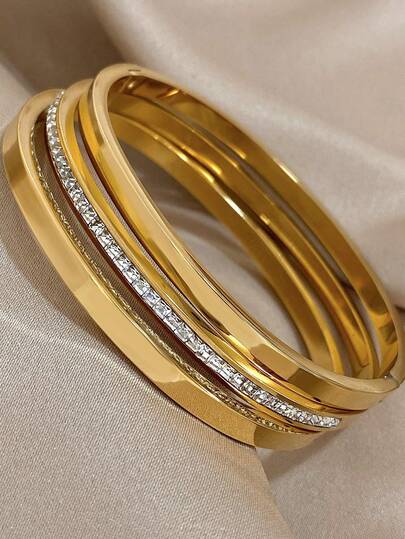 3Pcs/1Pc 18K Gold Plated Stainless Steel Luxury Elegant Hoop Bracelet Set With For Women, Mom Gift Christmas Thanksgiving Halloween Wedding Rave/Prom/Party/Daily Accessories Gift For Anniversary Valentine's Day Boho Jewelry Birthday Bridesmaid Gifts