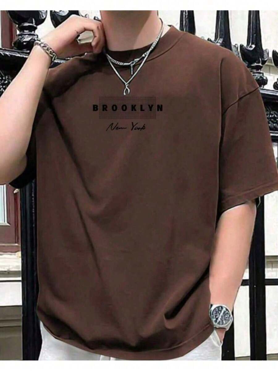 Camiseta Masculina Estampa Brooklyn Camisa 100% Algodão 30.1 Blusa Premium  Lançamento - Marrom - Visão 1