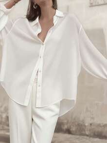 Elegant Women's Long Sleeve Button Up Shirt Blouse In Semi-Sheer White Polyester Featuring A Stylish Shirt Collar