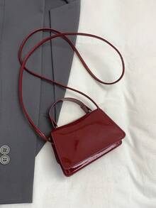 时尚亮面漆皮极简主义马卡龙色迷你单肩包，女士休闲小众设计，甜美通勤包 - 酒紅色 - 查看 6