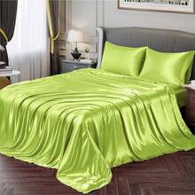 Silky Soft Pink Twin XL Satin Bed Sheets Set, 1 Deep Pocket Fitted Sheet + 1 Flat Sheet + 1 Pillowcase,  In 2025 - 青檸色 - 查看 1