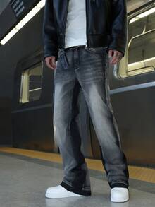 Jeans a zampa di elefante con patchwork da uomo, jeans skinny fit strappati a zampa di elefante, jeans ricamati con lavaggio a strati in stile Y2K, versatili per tutte le stagioni