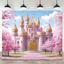 1pc 2D Flat, Extra Large Spring Theme Pink Princess Dreamland Castle Sweet Cherry Blossom Decor, Polyester Fabric, No Electricity Required, Suitable For Multiple Occasions - Maroon - View 2