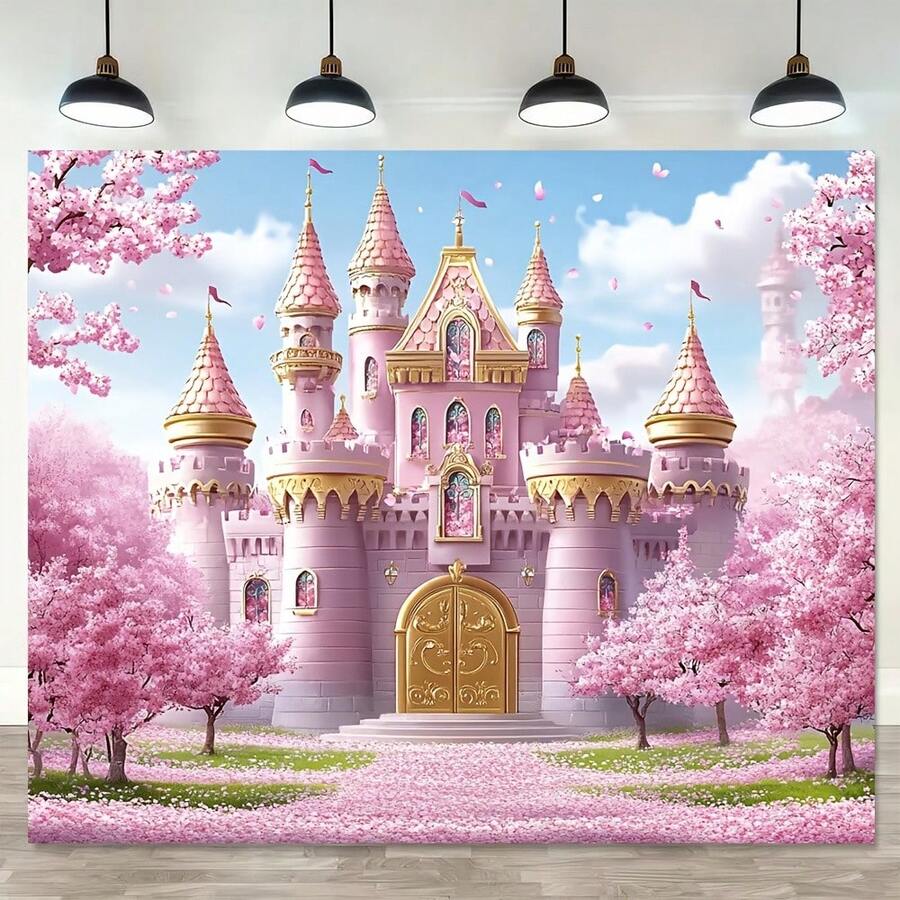1pc 2D Flat, Extra Large Spring Theme Pink Princess Dreamland Castle Sweet Cherry Blossom Decor, Polyester Fabric, No Electricity Required, Suitable For Multiple Occasions