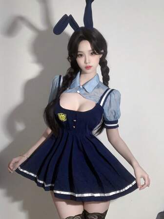 一套性感兔女郎警官制服，JK褶皱吊带裙，兔女郎校园学生制服套装