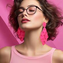 FIBO STEEL Acrylic Petal Earrings For Women Red Statement Earrings Dangle Rhombic Boho Flower Lime Green Orange Rose Big Bold Colorful Costume Jewelry Long Drop Dangle Earrings{"Color_name":"RosePink"} - 玫瑰粉紅 - 查看 3