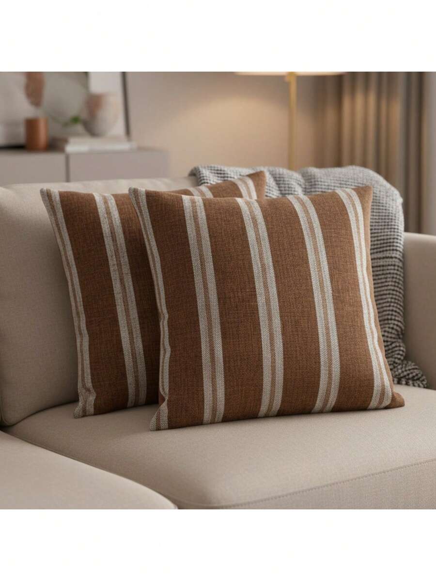 Set Of 2 Decorative Pillow Covers 45x45cm Rustic Linen Style - Camel - Ver 1