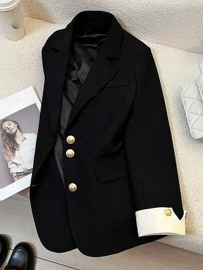 HOMEYEE 复古休闲西装外套，翻领，长袖，拼色，纽扣开合，适合休闲、商务、办公室穿着，四季皆宜