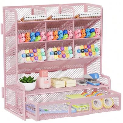 Larger Mesh Desk Organizer With Drawer, Multi-Functional Pen Pencil Holder, Easy Assembly, Desk Organizers And Accessories For Office Art Supplies (Pink){"Color_name":"Pink"}