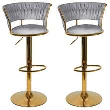 2er-Set Küchenhocker mit Samtbezug, geflochtener Rückenlehne und verstellbarer Höhe, Barhocker, Restaurant, drehbare Struktur in Gold mit Fußstütze, modernes Design
