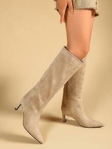 Solid Color Western Style Autumn/Winter Pointed Toe Kitten Heel Mid-Calf Boots - Khaki - View 2