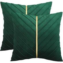 Navy Blue Velvet Throw Pillow Covers 18 X 18 Inch Pack Of 2 With Gold Leather Decor For Couch, Luxury Modern Pillowcases For Living Room, Bedroom Sofa Cushion Bed - 墨綠色 - 查看 7
