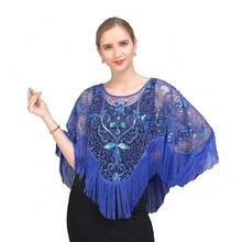 1920s Shawl Wraps Sequin Beaded Evening Cape For Gatsby Party Bridal Shawl Women Evening Cape Flapper Cover Up{"Color_name":"Blue"} - 藍色的 - 查看 1