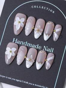 10件套按压式指甲，杏仁形指甲套，手绘法式3D立体雕刻图案，珍珠和钻石镶嵌。奢华纯手工装饰指甲。充满个性的Y2K风格。优雅大气。适合女士和女孩佩戴。 - 彩色 - 查看 2
