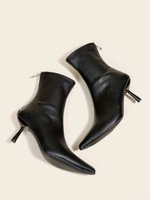 秋冬女士黑色踝靴，7厘米高跟，弹力修身靴，舒适时尚尖头高跟靴，猫跟 - 黑色 - 查看 2