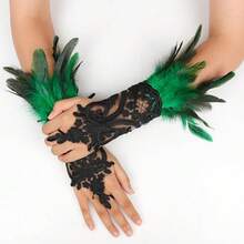 L'VOW 2Pcs Gothic Black Lace Feather Long Gloves For Women Halloween Witch Costume Swan Wristband Cuff{"Color_name":"A-Green"} - A-Green - 查看 5