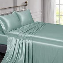 Silky Soft Pink Twin XL Satin Bed Sheets Set, 1 Deep Pocket Fitted Sheet + 1 Flat Sheet + 1 Pillowcase,  In 2025 - 薄荷綠 - 查看 2