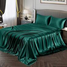 Silky Soft Pink Twin XL Satin Bed Sheets Set, 1 Deep Pocket Fitted Sheet + 1 Flat Sheet + 1 Pillowcase,  In 2025 - Teal Green - 查看 1
