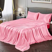 Silky Soft Pink Twin XL Satin Bed Sheets Set, 1 Deep Pocket Fitted Sheet + 1 Flat Sheet + 1 Pillowcase,  In 2025 - 亮粉紅色 - 查看 8
