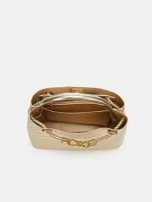 Bolso de hombro con textura de piedra, correa con hebilla de metal, diseño único, bolso bandolera de gran capacidad - Dorado - Ver 4