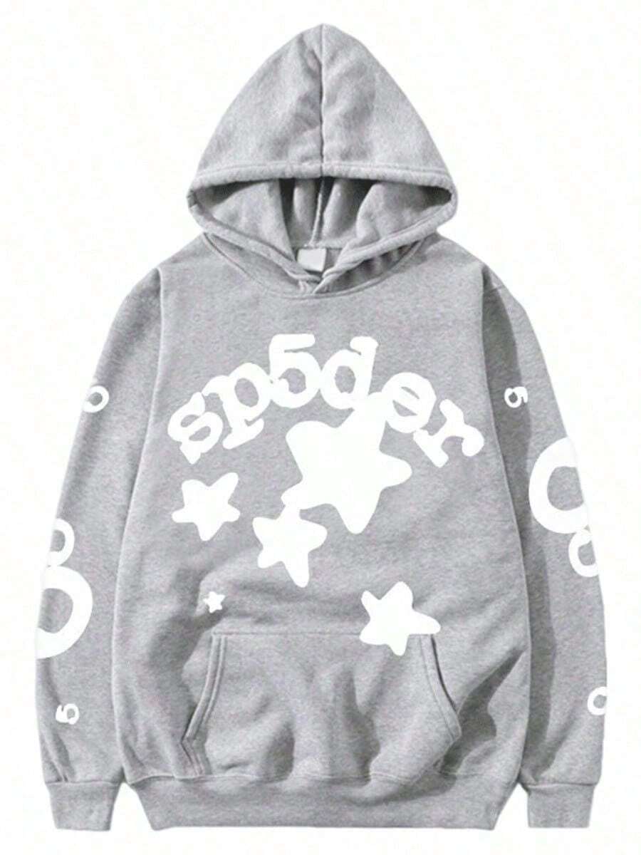 Y2K Star Pattern Sp5der Hoodie Street Zip Up Hoodie Men Goth Oversized Halloween Fall Long Sleeve Clothes - Xám - Xem 1