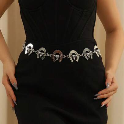 Cadena metálica para la cintura al por mayor con decoración de cabeza de toro, cadena corporal para vestidos, cinturón de estilo bohemio de aleación de zinc para mujeres, para todas las estaciones