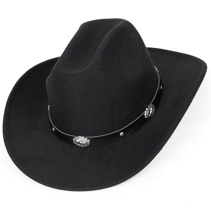 Women Sparkly-Rhinestone Western-Cowgirl-Hat Glitter-Bling Cowboy-Hat Felt-Rodeo-Hat For Disco-Party Medium/Large{"Size":"Medium-Large","Color":"Concho-RodeoBlack"} - Concho-rodeo黑中號大號 - 查看 1