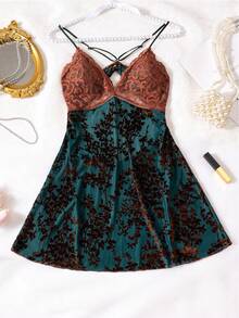 3D Burn-Out Embroidered Velvet Soft Lace Patchwork Lingerie, High-End Spaghetti Strap Nightgown, Rave - Coffee Brown - View 8
