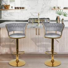 2er-Set Küchenhocker mit Samtbezug, geflochtener Rückenlehne und verstellbarer Höhe, Barhocker, Restaurant, drehbare Struktur in Gold mit Fußstütze, modernes Design