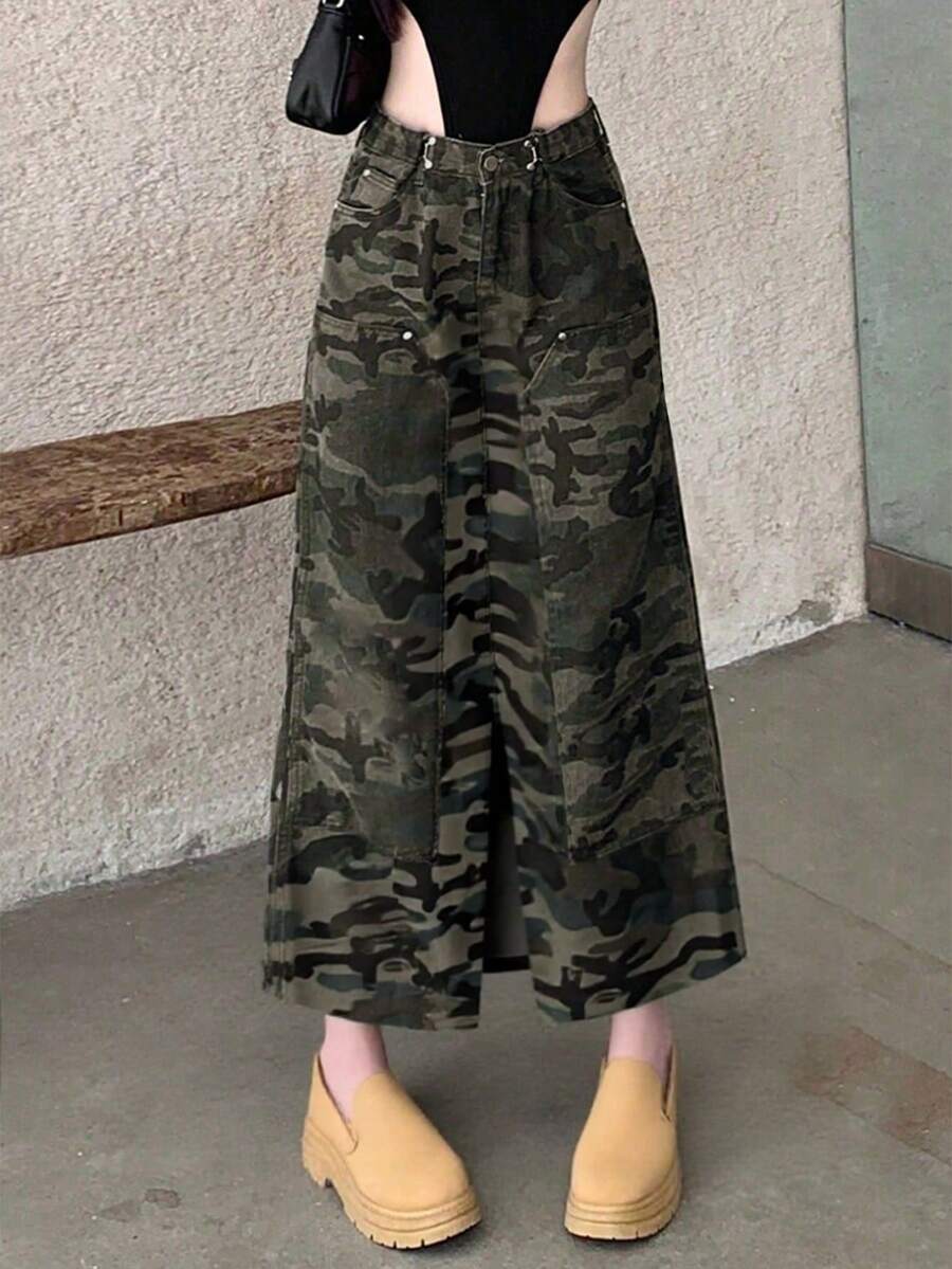 Camouflage Mid-Rise Midi Denim Skirt, Loose Fit With Slit, Casual For Spring/Summer - Multicolor - View 1