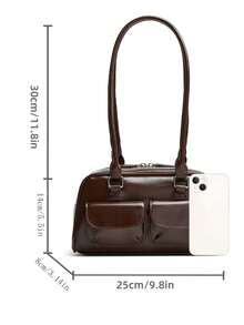 Geantă retro crossbody pentru femei cu buzunare multiple - Design ușor de tip bowling din ceară uleiată, reglabilă și cu închidere cu fermoar, potrivită pentru naveta zilnică, serviciu, cumpărături