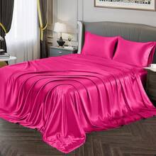 Silky Soft Pink Twin XL Satin Bed Sheets Set, 1 Deep Pocket Fitted Sheet + 1 Flat Sheet + 1 Pillowcase,  In 2025 - 玫紅色 - 查看 1