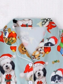 3 件套女孩和青少年休闲卡通圣诞小狗印花翻领长袖开衫和短裤和长裤睡衣套装，阻燃，适合所有季节和圣诞节 - 綠色 - 查看 3