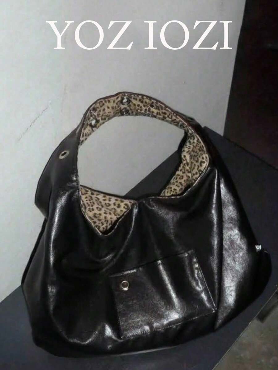 返校猎豹印花托特包，大容量学生单肩包，可翻转腋下包，适合大学生 - 黑色 - 查看 1