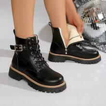 [Thermisch gefüttert & warm] Schwarze Leder-Schnürstiefel mit Schnalle, dicke Sohle für Damen, im Retro-Europäischen & Britischen Stil Motorradstiefel, rutschfeste Knöchelstiefel für Herbst/Winter