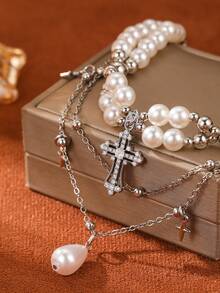 1Pc Silver Multi‑Layered Pearl Necklace Rhinestone Cross Star Charm Multi‑Chain Teardrop Pearl Pendant Y2K Statement Women Fashion Necklace - Multicolor - View 2