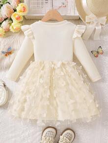 少女优雅长袖连衣裙，紫色蝴蝶贴花和荷叶边细节，腰带装饰，纯色华夫格纹理简约时尚蝴蝶网纱罩衫 - 杏色 - 查看 3