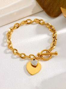 1pc Fashionable Stainless Steel Double Heart Bracelet For Women, Waterproof Jewelry Gift Suitable For Holidays