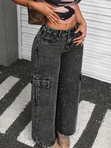 Calça Cargo Grafite  Feminina Cintura Alta  Simples    Casual  elegante  Festa    Bolso  Botão  Zíper    Escola  Diário