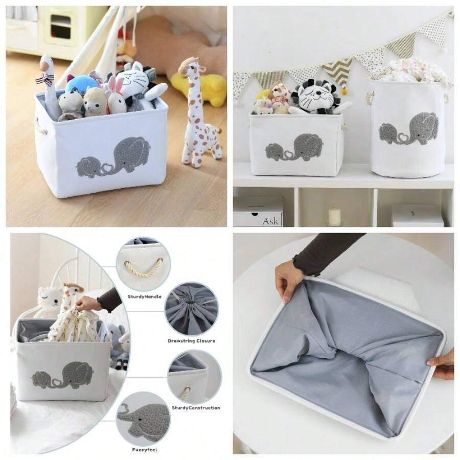 - Caja de almacenamiento de juguetes para nios, ligera, plegable, organizador de juguetes con asa, cestas de almacenamiento para nios, nias, cuarto de guardera juguetes - Elefante peludo gris + Large - Ver 1
