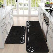 1 Piece Set Kitchen Mat, Festival Simple Kitchen Decor Carpet, Heart Kitchen Series, European Minimalist Style, Comfortable Kitchen Standing Mat, Flannel Material, Non-Slip Soft And Comfortable - 黑色 - 查看 2