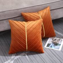 Navy Blue Velvet Throw Pillow Covers 18 X 18 Inch Pack Of 2 With Gold Leather Decor For Couch, Luxury Modern Pillowcases For Living Room, Bedroom Sofa Cushion Bed - 橘色 - 查看 4