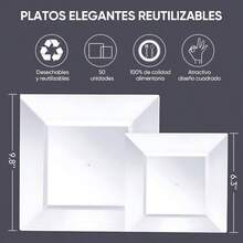 50 platos de plastico elegantes, Platos Elegantes Reutilizables para, Reutilizables, Incluye 25 Platos Grandes 25 y 25 Platos medianos 16cmplatos de plastico elegantes para bodas y fiestas - BLANCO - Ver 3