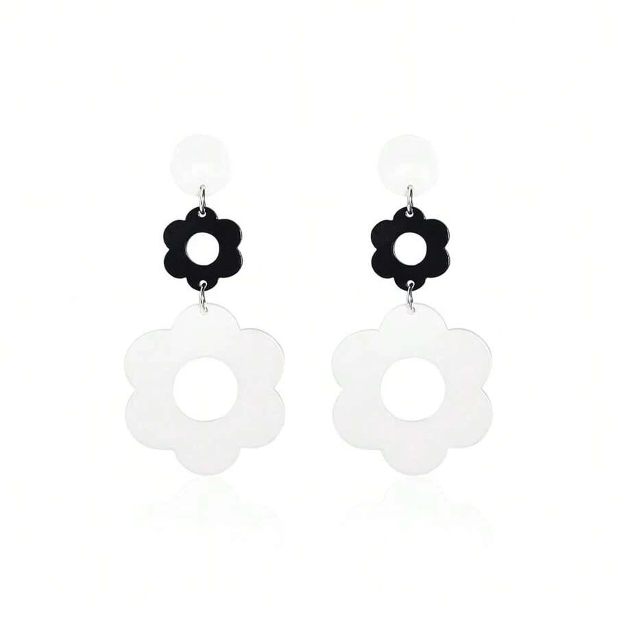 60 70s Big Acrylic Daisy Flower Petal Drop Dangle Earrings Stud Resin Floral For Women Cfboyolorful Summer Y2k Holiday Jewelry{"Color_name":"Black/White"} - 黑色/白色 - 查看 1