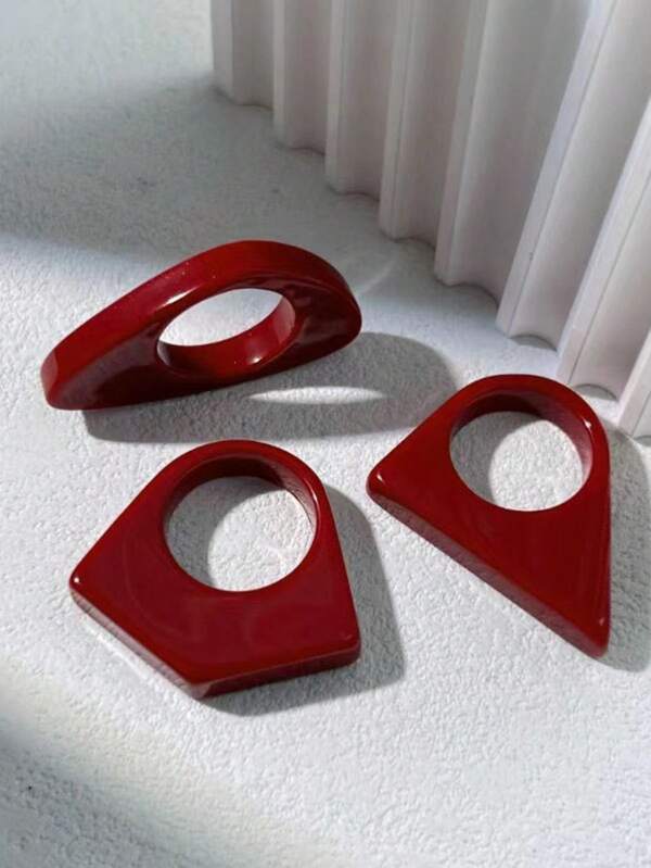 3pcs Vintage Red Geometric Triangle Resin Rings, Couple Rings