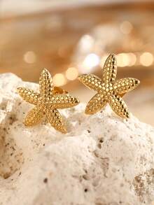 2pcs Minimalist Stainless Steel Starfish Design Earrings For Women, Suitable For Daily, Vacation, Date, Couple Gift